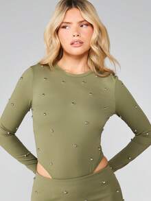 MISSGUIDED Christmas Studded Bodysuit And Mini Skirt Set Long Sleeve Cut Out Waist Party Club Outfit - Army Green - View 4