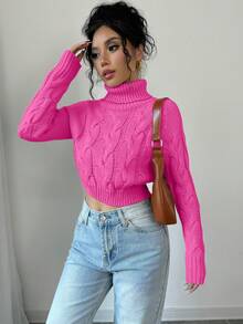 Elenzga Women's Solid Color High Neck Raglan Sleeve Cropped Casual Sweater - Hot Pink - View 4