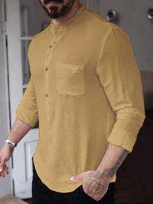 Manfinity Homme Camisa casual de manga larga de un solo pecho y bolsillo de unicolor para hombres, camisa amarilla otoñal para hombres - Caqui - Ver 5