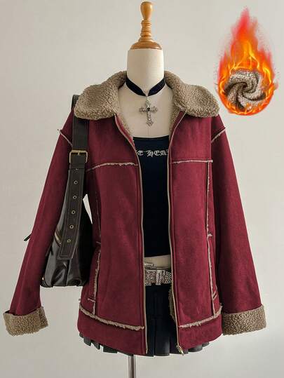 Elamini Brown Suede Thermal Lined Faux Shearling Collar Lapel Zip-Up Pockets Dropped Shoulder Long Sleeve Loose Coat, Fashionable Street Style Vintage Elegant High-End Minimalist Design For Casual, Outing, Date, Autumn/Winter