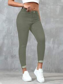 SHEIN ICON 大码女式蓝色经典时尚紧身牛仔裤 - 軍綠色 - 查看 1