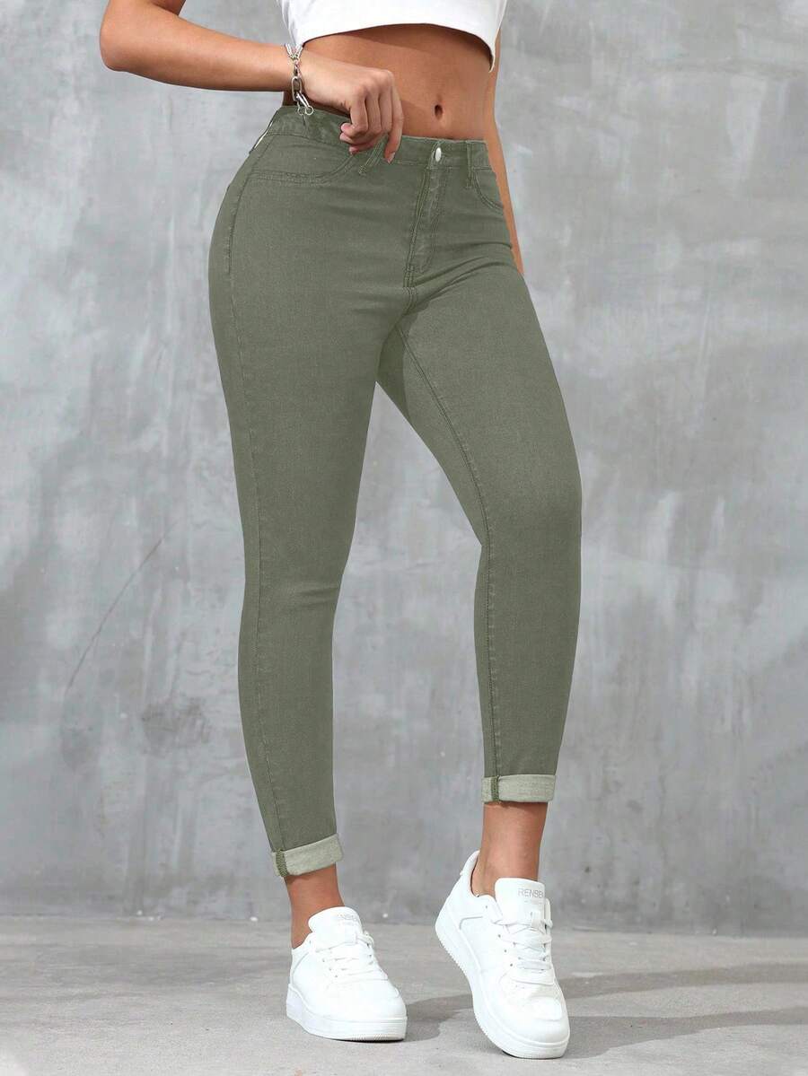 SHEIN ICON 大码女式蓝色经典时尚紧身牛仔裤 - 軍綠色 - 查看 1