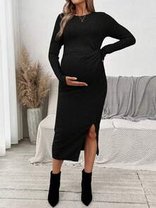 SHEIN Solid Color Fitted Comfortable Slit Hem Long Sleeve Maternity Dress Sexy Maternity Dress Pregnant Outfits Pregnant Dress Pregnancy Clothes - Black - View 4
