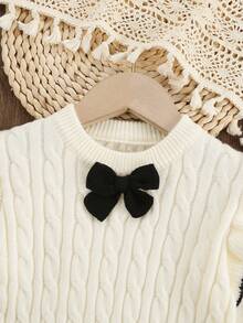 SHEIN Young Girls White Autumn Party Knit Sweater Co-Ords,1pc Crew Neck Long Sleeve Frill Trim Twist Rope Design Top & 1pc Wide Leg Pants,Fashionable Suit - Apricot - View 3