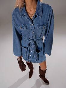 TRNVIE Women's Drop Shoulder Long Sleeve Multi-Pocket Belted Casual Single-Breasted Denim Dress - Dark Wash - View 7