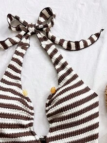 Soleia 女士复古条纹性感连体衣，适合海滩、度假、约会、婚礼、圣帕特里克节、复活节、邮轮旅行、城市旅行、波西米亚风度假、音乐节、办公室、通勤等场合。 - 咖啡棕 - 查看 3