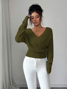 SHEIN Elenzya 女士V领长袖收腰露背时尚毛衣，秋冬款 - 軍綠色 - 查看 5