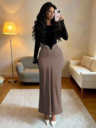 SHEIN Elenzya Elegant damklänning med långa ärmar och pärlor i kontrastfärg, fransk stil, bantande, lämplig för höst/vinter