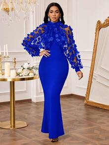 SHEIN Lady Black Dress Three-Dimensional Butterfly Embroidery Splicing Super Long Slim Fishtail Skirt, Small Dress Elegant Party Royal Blue Elegant Dress Women Long Sleeve Elegant Dress Luxury Dress For Women - Royal Blue - View 4