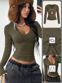 Coolane 女式秋冬街头服饰文艺复兴博览会基本款罗纹针织保暖/寒冷天气/保暖弹力长袖 V 领 T 恤