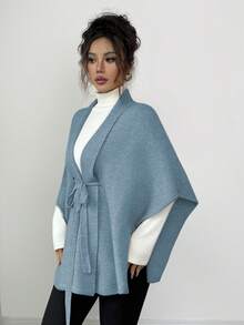 Rafferiza 时尚休闲约会高端斗篷披肩百搭独特优雅女士开衫毛衣，秋冬 - 藍色 - 查看 3