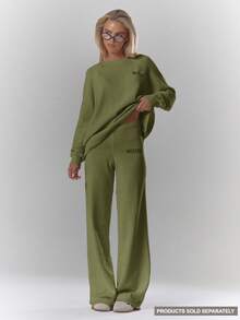 MUSERA Mid Rise Soft Knit Embroidered Wide Leg Sweater Trousers Only Fall Autumn Cosy Cute Casual Coffee Club Winter Elegant Evening Party New Year Spring - Olive Green - View 2