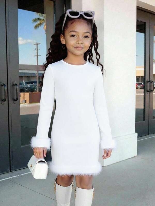 Girls White Faux Fur Long Sleeve Dress
