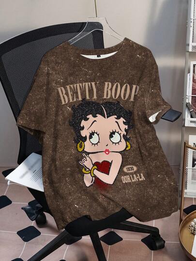 Betty Boop x SHEIN T-shirt ample à manches courtes pour femmes, style décontracté, mode de rue, lettres graphiques lavées, idéal pour les déplacements quotidiens