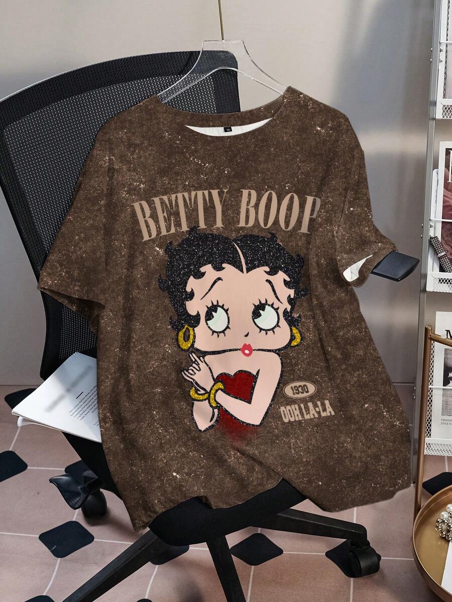 Betty Boop x SHEIN 大码女式休闲时尚街头风日常通勤卡通字母印花水洗宽松短袖T恤 - 白色 - 查看 1