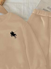 男婴针织柔软休闲经典骑士图案印花圆领套头卫衣套装，加厚设计，适合秋冬季穿着 - 卡其色 - 查看 6