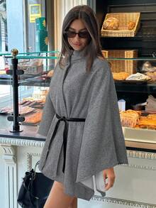 Aloruh Elegant damkappa med hög krage och fladdermusärm, åtsittande midja och ullblandning, höst/vinter - Grå - Visa 6