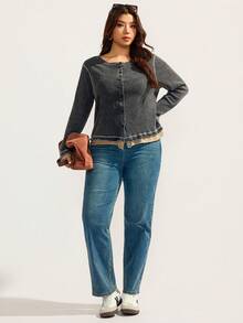 Elaquor Áo thun nữ cỡ lớn cổ tròn tay dài cài một hàng khuy, viền bèo nhún, kiểu dáng thường ngày - màu đen - Xem 4