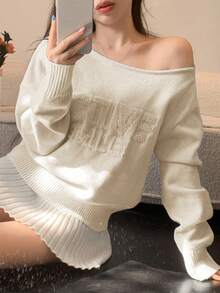 DAZY 女士字母图案圆领休闲长袖套头毛衣 - 白色 - 查看 5