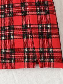 SHEIN 少女黑色针织喇叭袖上衣和开衩格子裙套装，基础百搭，休闲学院风穿搭，少女服装，返校季少女两件套短袖上衣套装，少女服装套装，裙子和上衣，少女裙装套装 - 紅色 - 查看 3