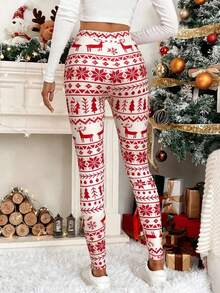 SHEIN LUNE 女士撞色驯鹿印花圣诞风休闲修身打底裤 - 紅白色 - 查看 2
