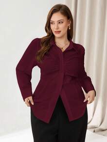 Auralis White Ruched Front Button Long Sleeve Shirt, Office Lady Elegant Blouse, Plus Size, Suitable For Work, Concerts, Dates, Basic Versatile Shirt Burgundy - Burgundy - View 4