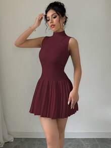 Selianne 女式秋冬纯色高领无袖褶边毛衣裙 - 玫瑰紅 - 查看 6