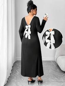 SHEIN Elenzya Váy dài ôm dáng cỡ lớn dành cho nữ, cổ chữ V, họa tiết chắp vá và nơ ở phía sau - Nhiều màu - Xem 2