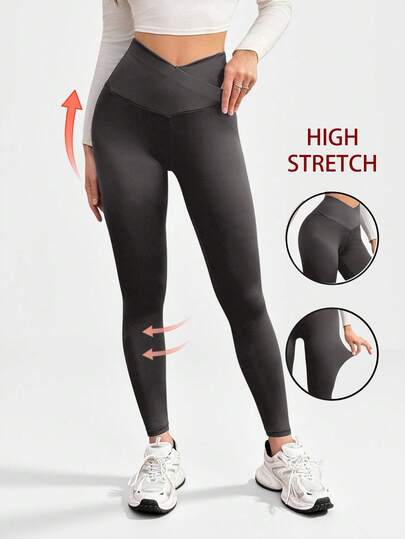 SHEIN Tall Women's Solid Hot Yoga Black V High Waist Leggings