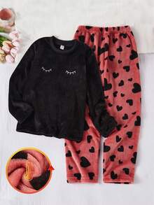 Teen GirlBlack Fluffy Sweatshirt With Eyelash Embroidered Heart Pattern & Thick Comfortable Long Pants Pajama Set - Black - View 3