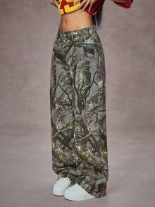 SHEIN Tall Tall Waist Maple Leaf Camouflage Print Washed Straight Leg Jeans - Multicolor - View 3