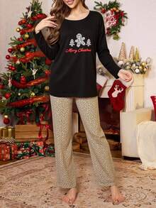EURMUSE 女士棉质两件套圣诞快乐印花长袖衬衫和豹纹睡裤家居服睡衣套装 - 黑色 - 查看 3