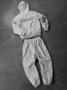 PAVTROS Men's Letter Embroidered Drawstring Hoodie And Sweatpants Casual Suit Men's Sweat Suit Set Men 2 Pieces Set Patched Men 2 Pieces Set Men's Jogger Set Sweat Set - Grey - View 2