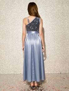 Mädchen elegantes luxuriöses Mode-Ärmellos Hoch Taille langes Samt Pailletten Patchwork Satin glänzend Stoff blaues Kleid mit passendem Gürtel, geeignet für Abschluss, Abschlussball, Aufführung, Geburtstag, Neujahr - Blau - Übersicht 2