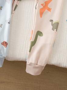 Baby Boys Snug Fit Pajamas-Dino Bear Print Round Neck Long Sleeve Full Length Zipper Pajamas Pastel Blue Beige Holiday 2026 New Year Party Essential Breathable Stretchy Soft All Season - Multicolor - View 5