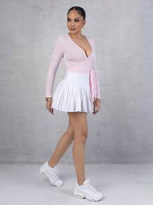 Melissa Matos 1 pieza Blusa casual de mujer de manga larga, ajustada, de unicolor con nudo delantero - Rosa - Ver 6