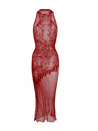 ChaseTheNight Sheer Halter Flare Skirt Dress, Elastic Bodycon Sleeveless Nightgown, Sexy Mesh Dress Suitable For Party, Nightclub, Gathering, Going Out Red Lingerie Dress Red Lace Dress See Through Dress Red Dress Lace Dress Halloween Costumes, Lingerie For Women,Sexy,Valentine's Day,Sexy Lingerie,