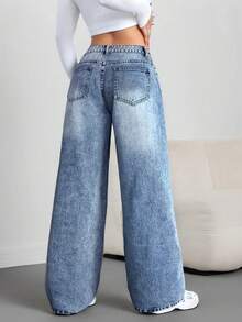 SHEIN Tall Women's Skinny Fit Straight Leg Jeans, Black With Rhinestone Embellishment, Tall Women - Light Wash - View 2