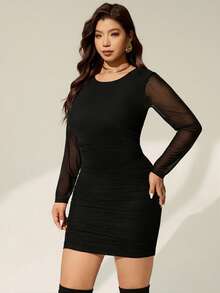 Auralis Black Fitted Round Neck Long Sleeve Mesh Sheer Mini Plus Size Women's Bodycon Dress, Suitable For Autumn/Winter, Elegant For Bar, Party, Banquet Cinched Waist Ruched Short, Sexy Y2K Style Dress Ruched Bodycon Dress Plus Size Bodycon Dress Curvy Black Dress Long Sleeve Dresses Curvy/Concert/Performance Costumes/Date/High-End Banquet/Ball/Wedding Season/Valentine's Day/Party/Sexy/Commuting/Elegant Romance/Office Enchantress/Siren Style/Birthday Party Dresses - Black - View 1