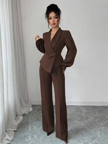 Elenzga 女士优雅休闲通勤度假下午茶聚会纯色不规则交叉领西装外套，灯笼袖搭配松紧腰A字裤，适合春、秋、冬季穿着。 - 棕色 - 查看 3