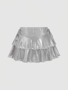 SHEIN MOD Women's Metallic Foil Accent Double Layered Hem Low Waist Skirt - Silver - View 3