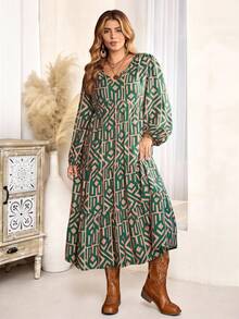 EMERY ROSE Plus Size Women's Fashion Sage Green Geometric Print Long Sleeve Dress,Boho Elegant Autumn Winter Cozy Holiday Vacation Country Concert Outfit - Multicolor - View 6