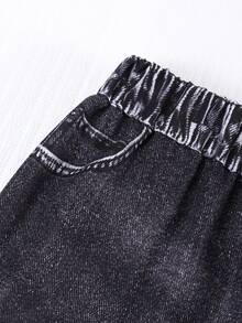 Sparklyn 2pcs/Set Girls Street Fashion Star Graphic Knit Crop Top + Denim Look Printed Loose Cargo Pants Set, Versatile Casual Outfit