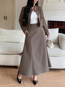 DAZY Women's Houndstooth Stand Collar Cardigan And Long Skirt 2 Pieces Casual Set - Khaki - View 1