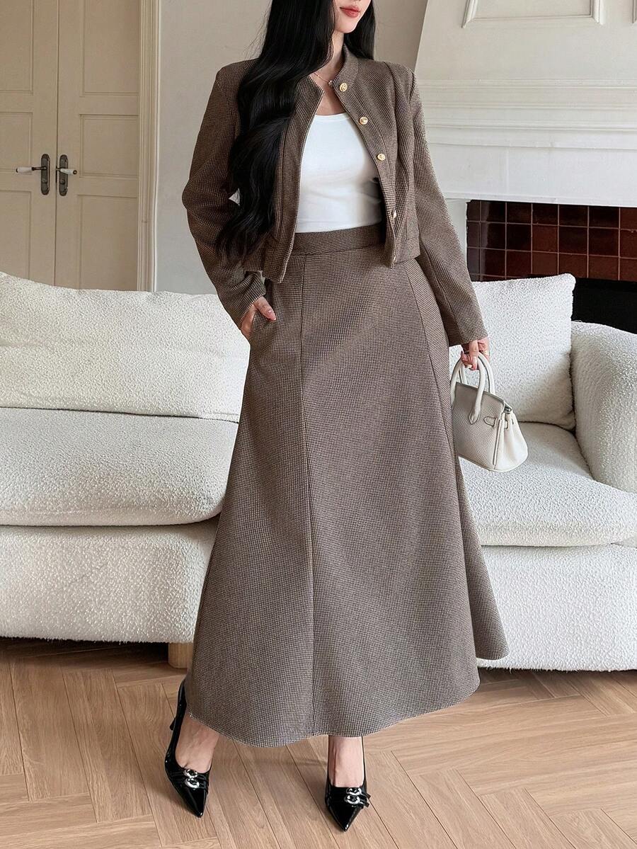 DAZY Women's Houndstooth Stand Collar Cardigan And Long Skirt 2 Pieces Casual Set - Khaki - View 1