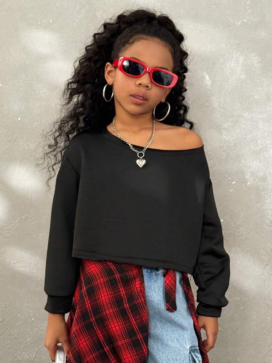 Coolane Sweatshirt Pendek Kasual Model Bahu Terbuka untuk Anak Perempuan, Atasan Lengan Panjang, Pakaian Musim Gugur dan Musim Dingin untuk Anak Perempuan - Hitam - View 1