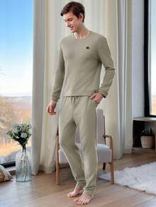 EURMUSE Cotton Men'S Ribbed Knit Homewear Set - Light Grey - View 6
