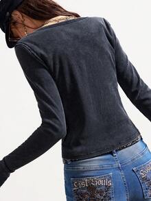 Bohemela Boho Winter Christmas New Year Valentine's Day Music Festival Metal Eyelet Rivet Y2K Casual Retro Solid Color Knit Long Sleeve Fitted Women T-Shirt,Black Top - Black - View 7