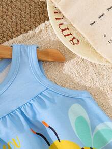 SHEIN Playful Pals Váy không tay họa tiết động vật ong dễ thương cho bé gái, phong cách thời trang mới cho mùa xuân/hè - Màu xanh nhạt - Xem 6