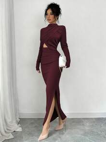 Selianne 女士立领长袖镂空休闲开衩下摆中长连衣裙 - 酒紅色 - 查看 6